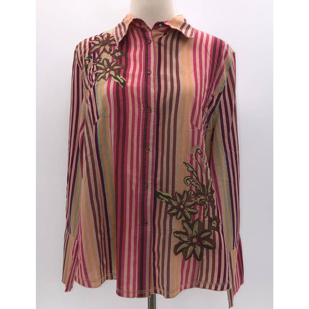 Love Polly Multi Colored Striped Button Down with Floral Embroidery- XL